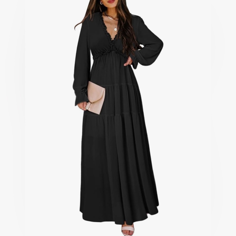 BLENCOT Womens Casual Boho Deep V Neck Short Sleeve Long Dress